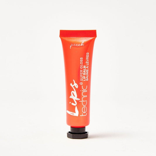 A super gloss lip balm in the flavour Peach in an orange tube on a white background