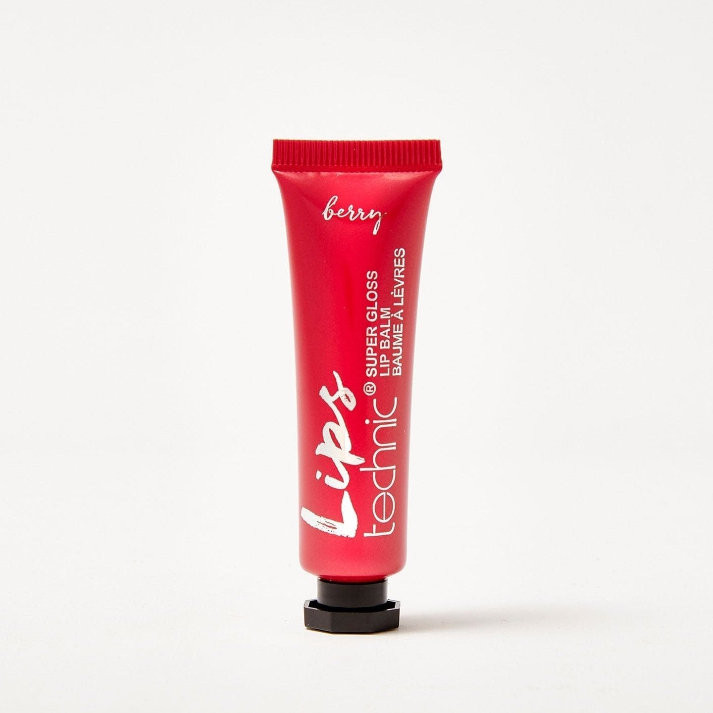 A super gloss lip balm in the flavour Berry in a pink tube on a white background