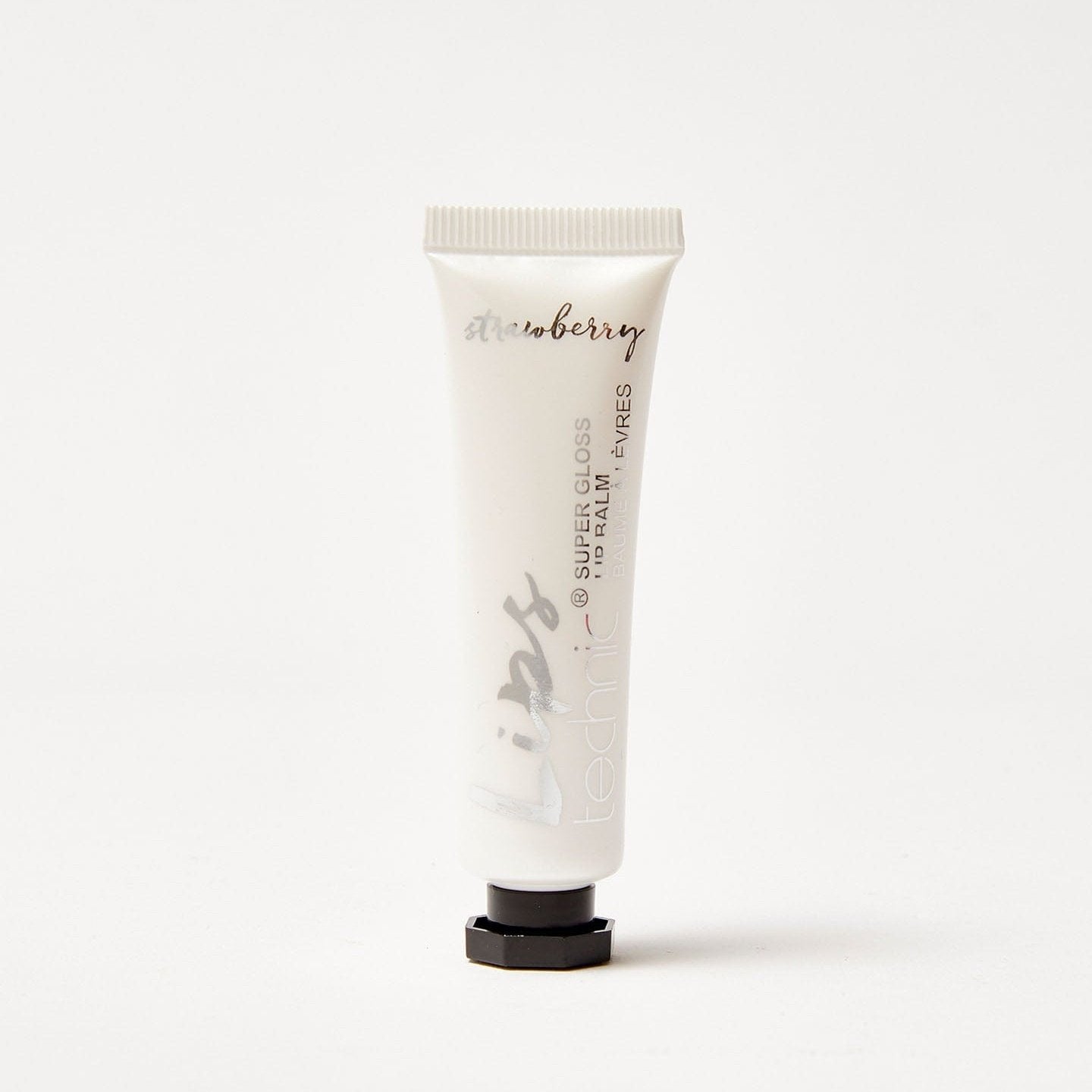 A super gloss lip balm in the flavour Strawberry in an white tube on a white background