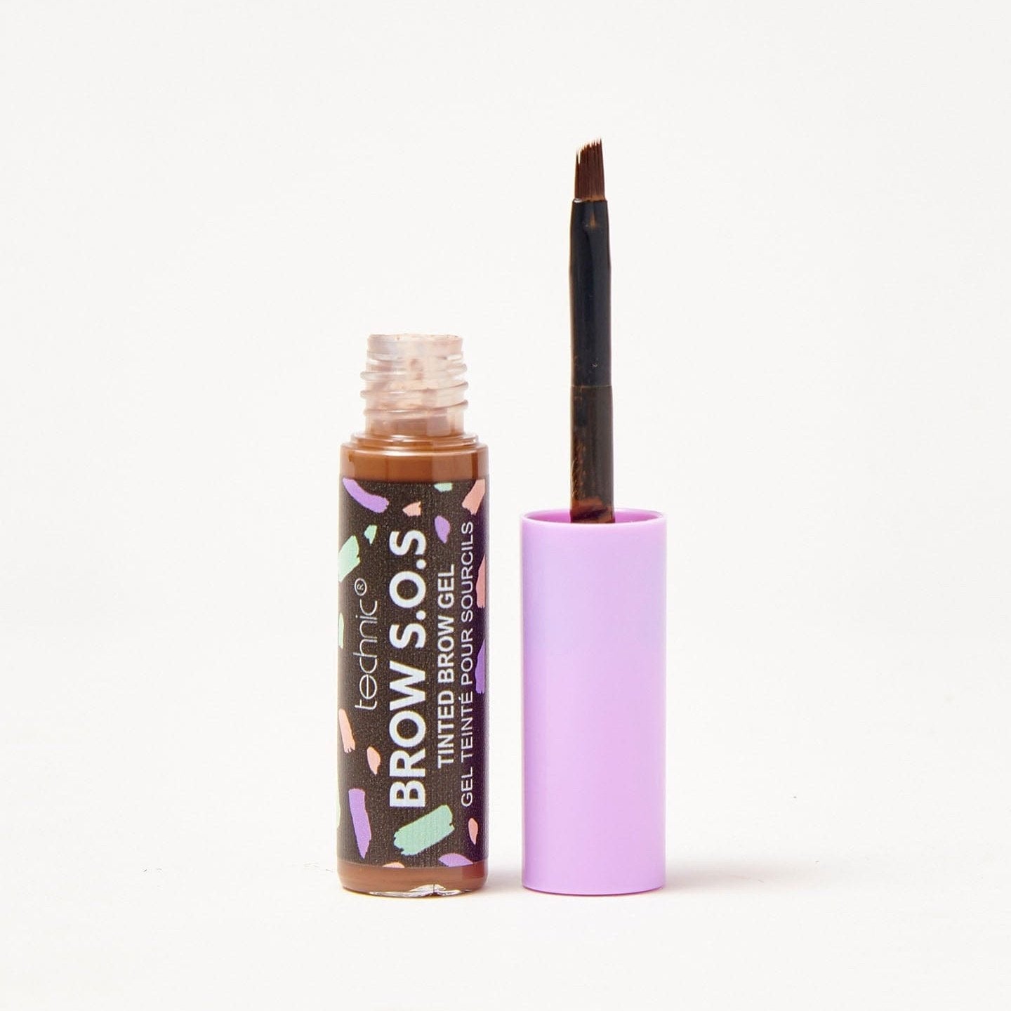 An opened tinted brow gel in the shade Caramel Brown on a white background.