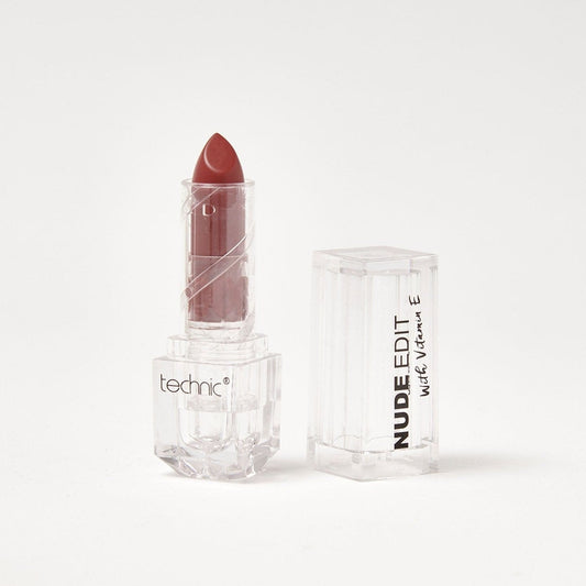 An opened nude edit vitamin e lipstick in the shade In The Buff on a white background.