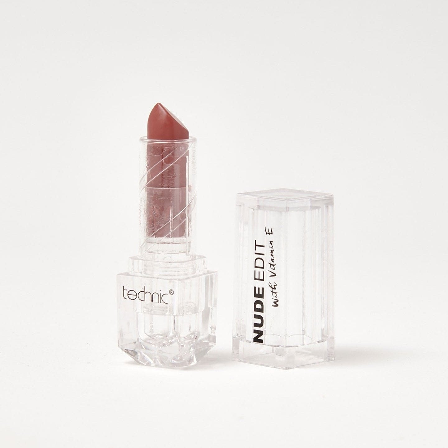 An opened nude edit vitamin e lipstick in the shade Nudie on a white background.