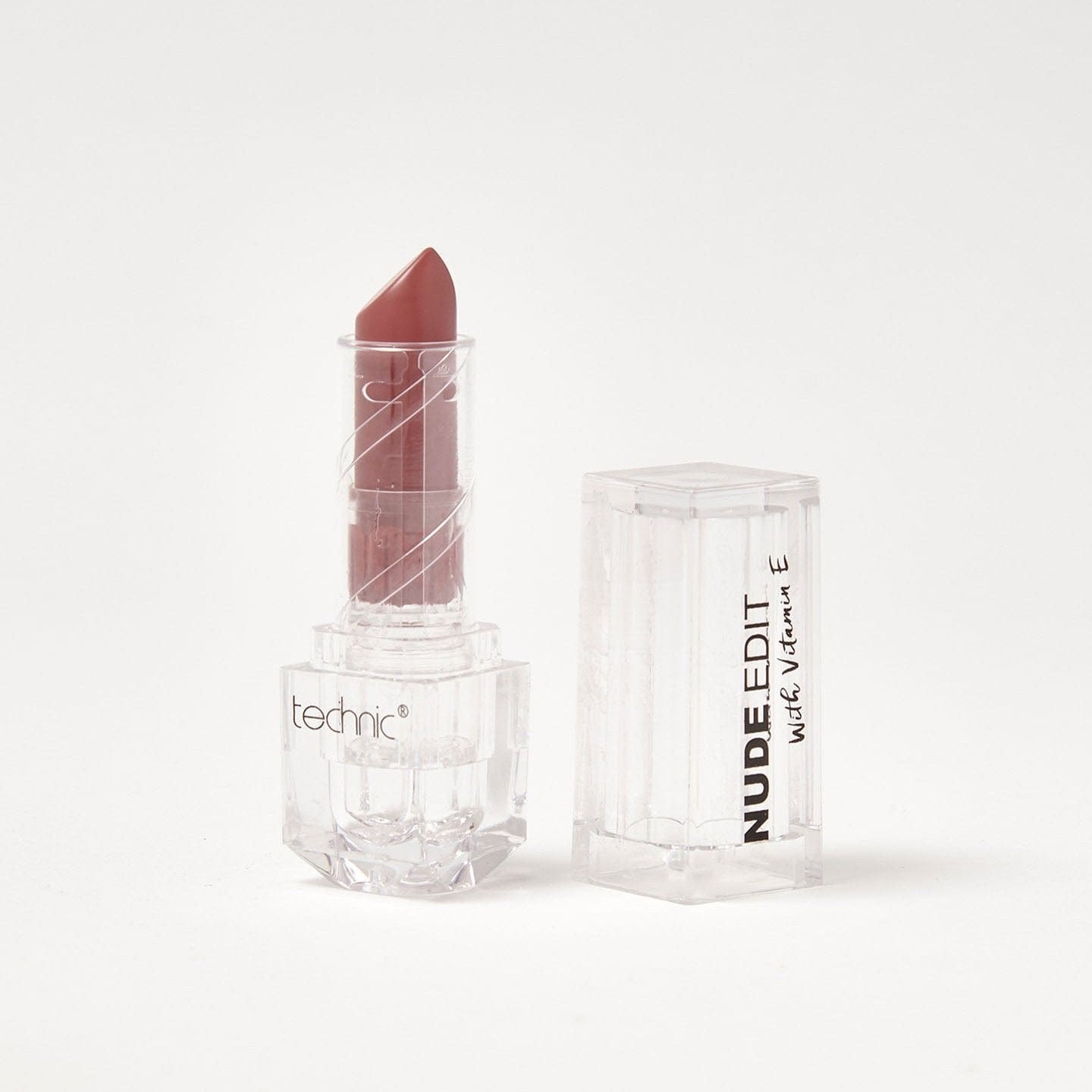 An opened nude edit vitamin e lipstick in the shade Skinny Dipping on a white background.