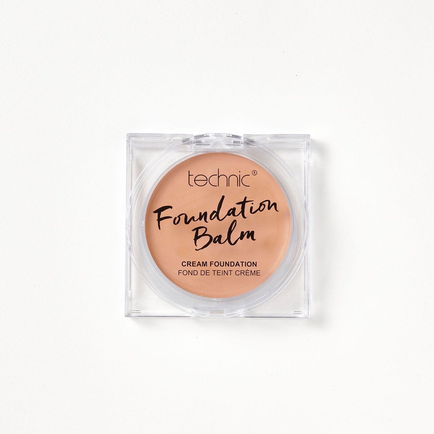 A foundation balm in the shade Fawn on a white background. 