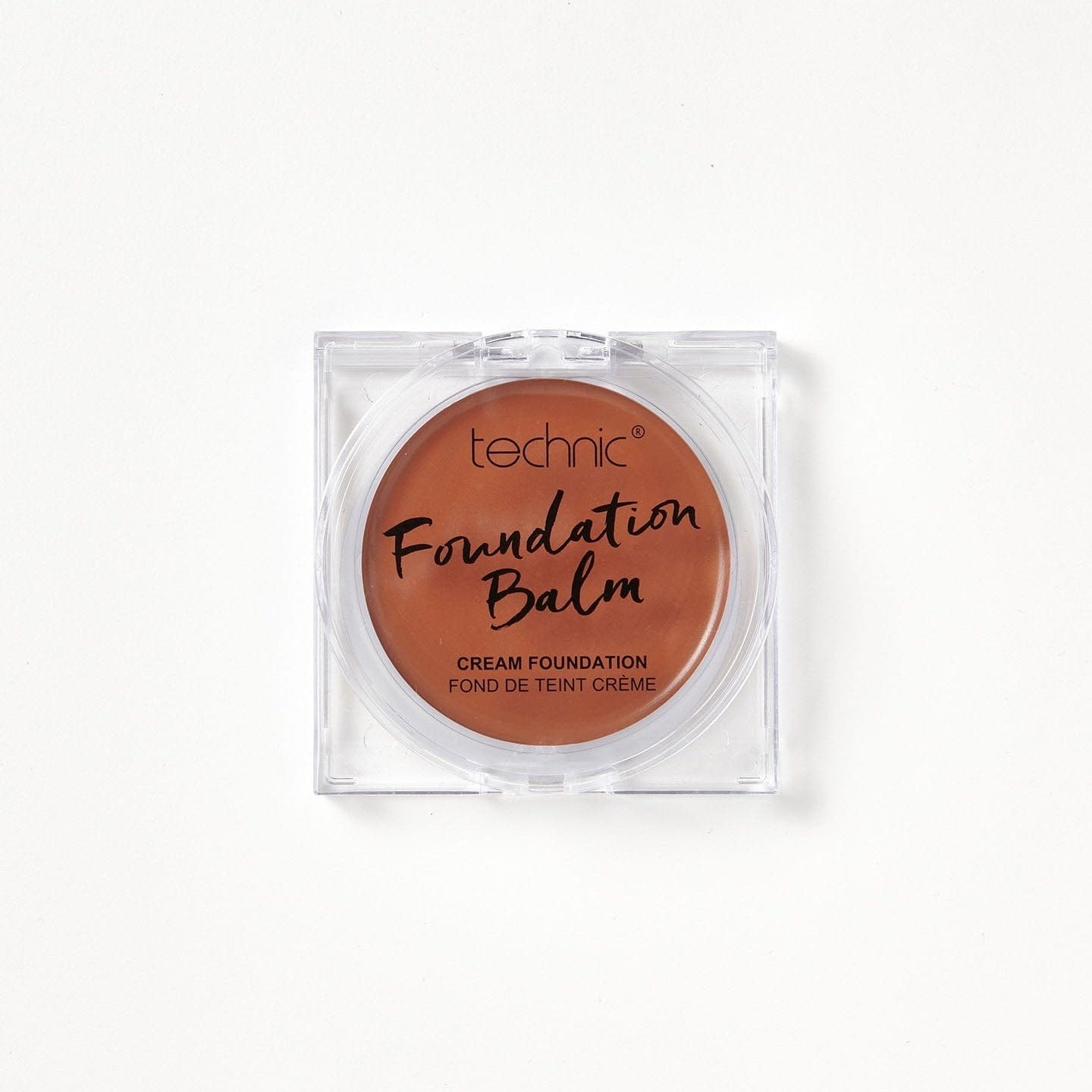 A foundation balm in the shade Rich Chocolate on a white background. 