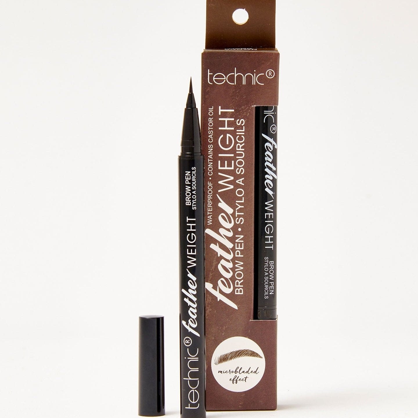 A featherweight brow pen in the shade Dark Brown on a white background.