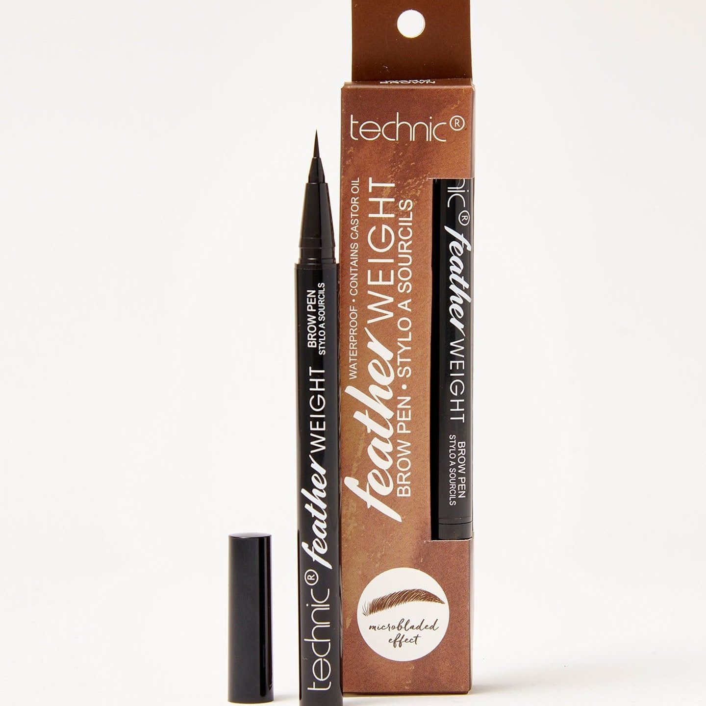 A featherweight brow pen in the shade Warm Brown on a white background.