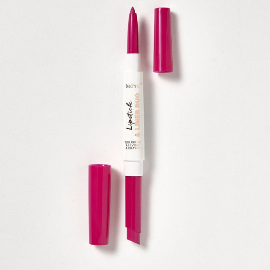 An opened lipstick and liner duo in the shade Berrylicious on a white background.