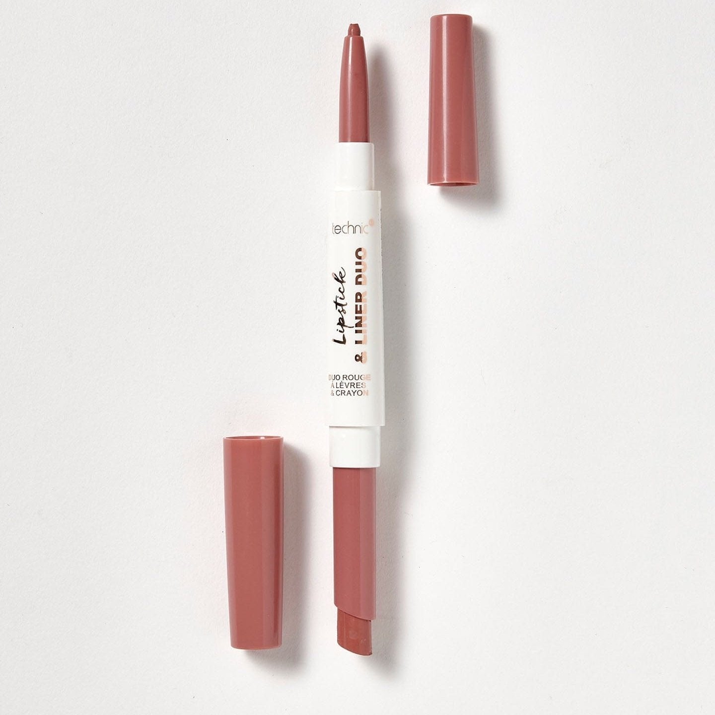 An opened lipstick and liner duo in the shade Sand Storm on a white background.