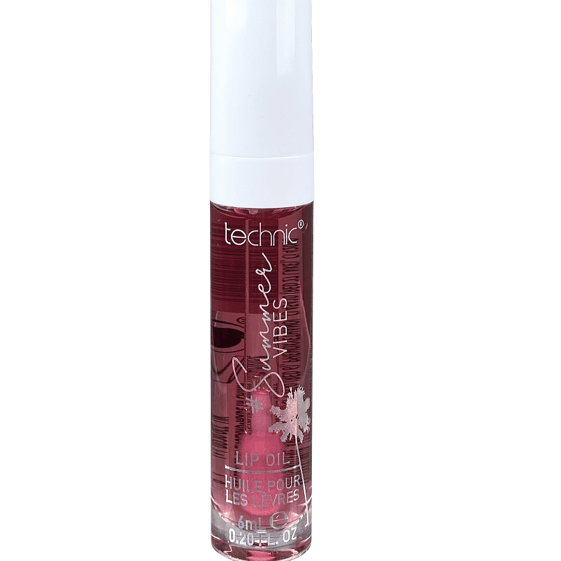 A summer vibes lip oil in the shade Cosmopolitan on a white background.