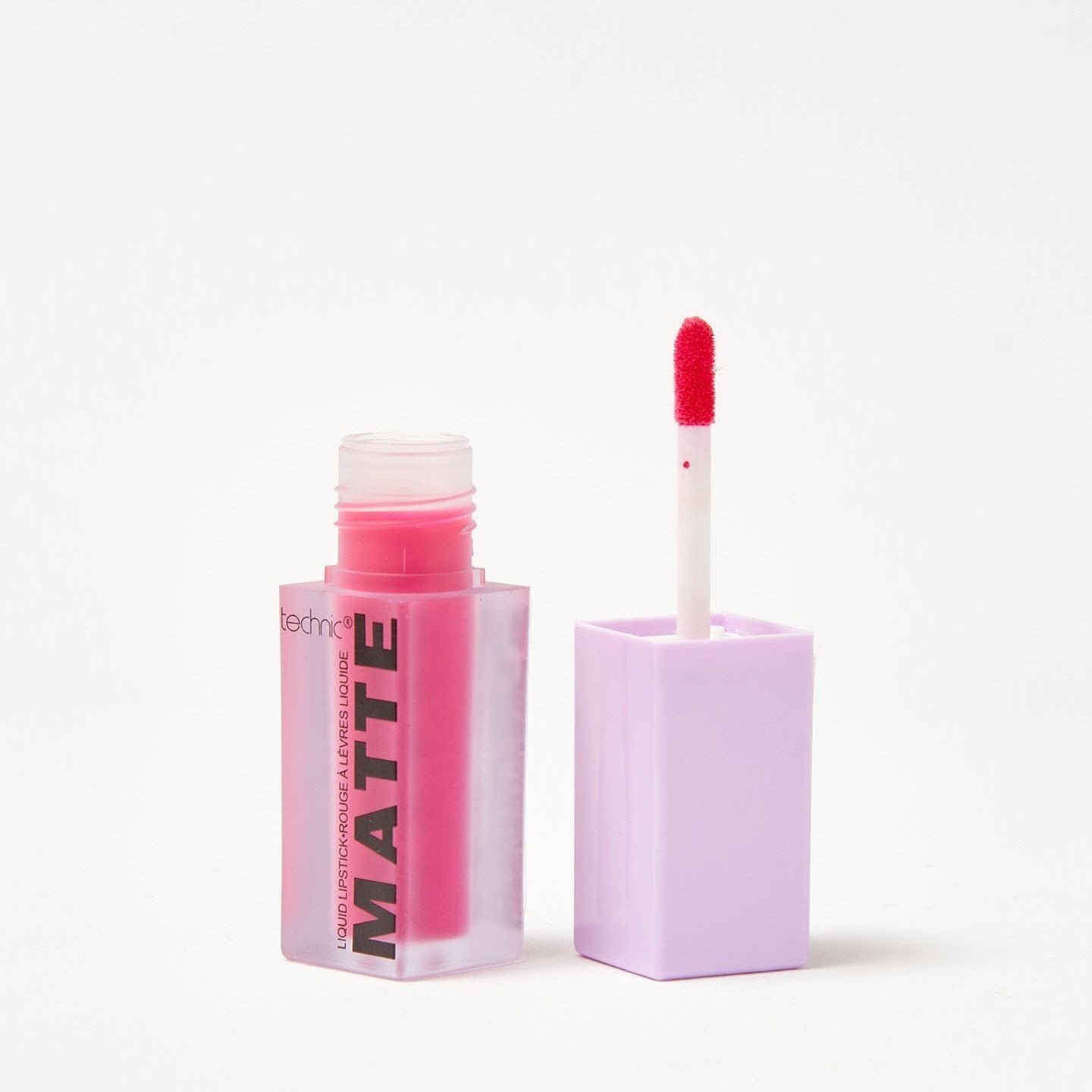 An opened matte liquid lipstick in the shade Pink Fizz on a white background.