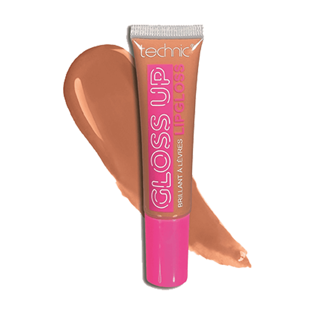 A gloss up lip gloss in the shade Toffee on a white background with the shade swatch behind it.