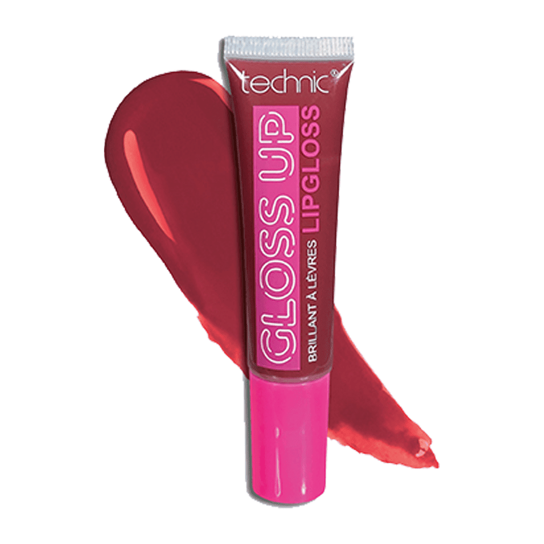 A gloss up lip gloss in the shade Damson on a white background with the shade swatch behind it.