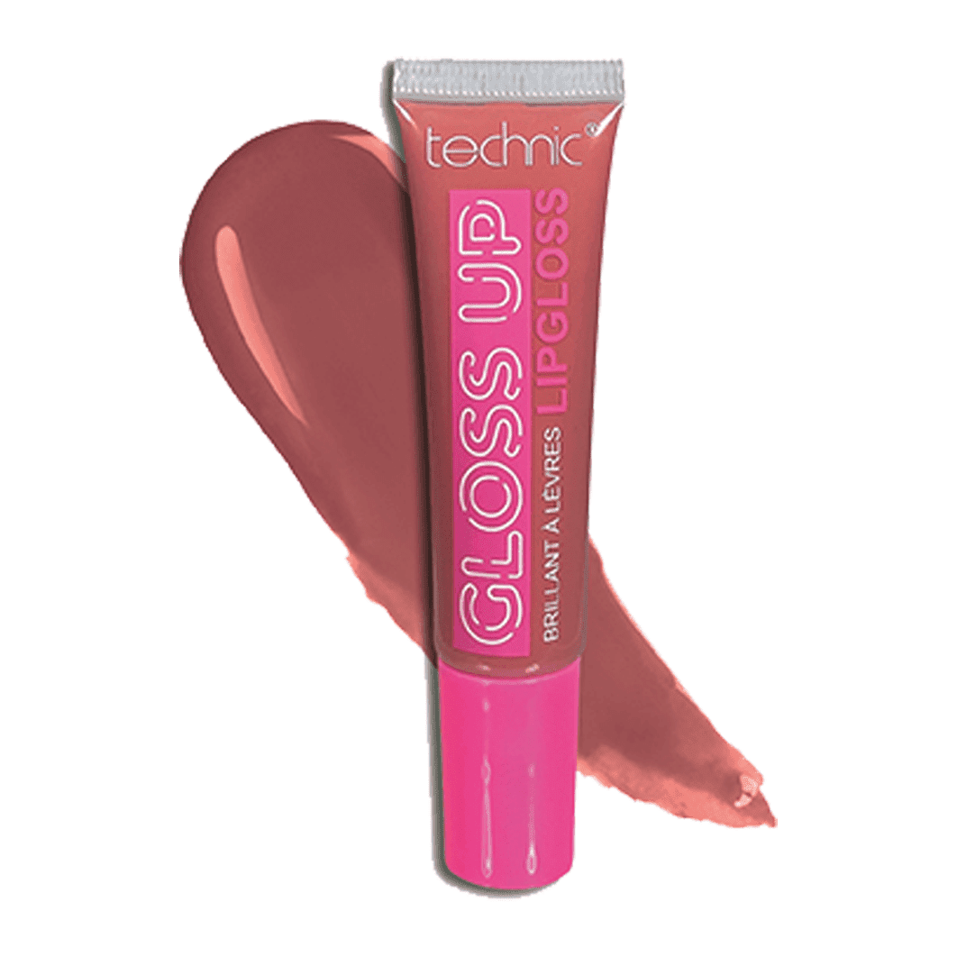 A gloss up lip gloss in the shade FYI on a white background with the shade swatch behind it.