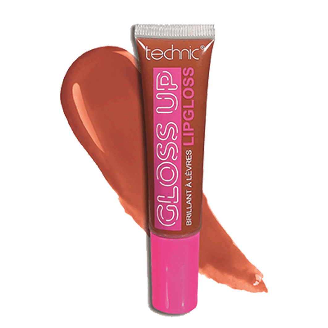 A gloss up lip gloss in the shade Ginger Snap on a white background with the shade swatch behind it.