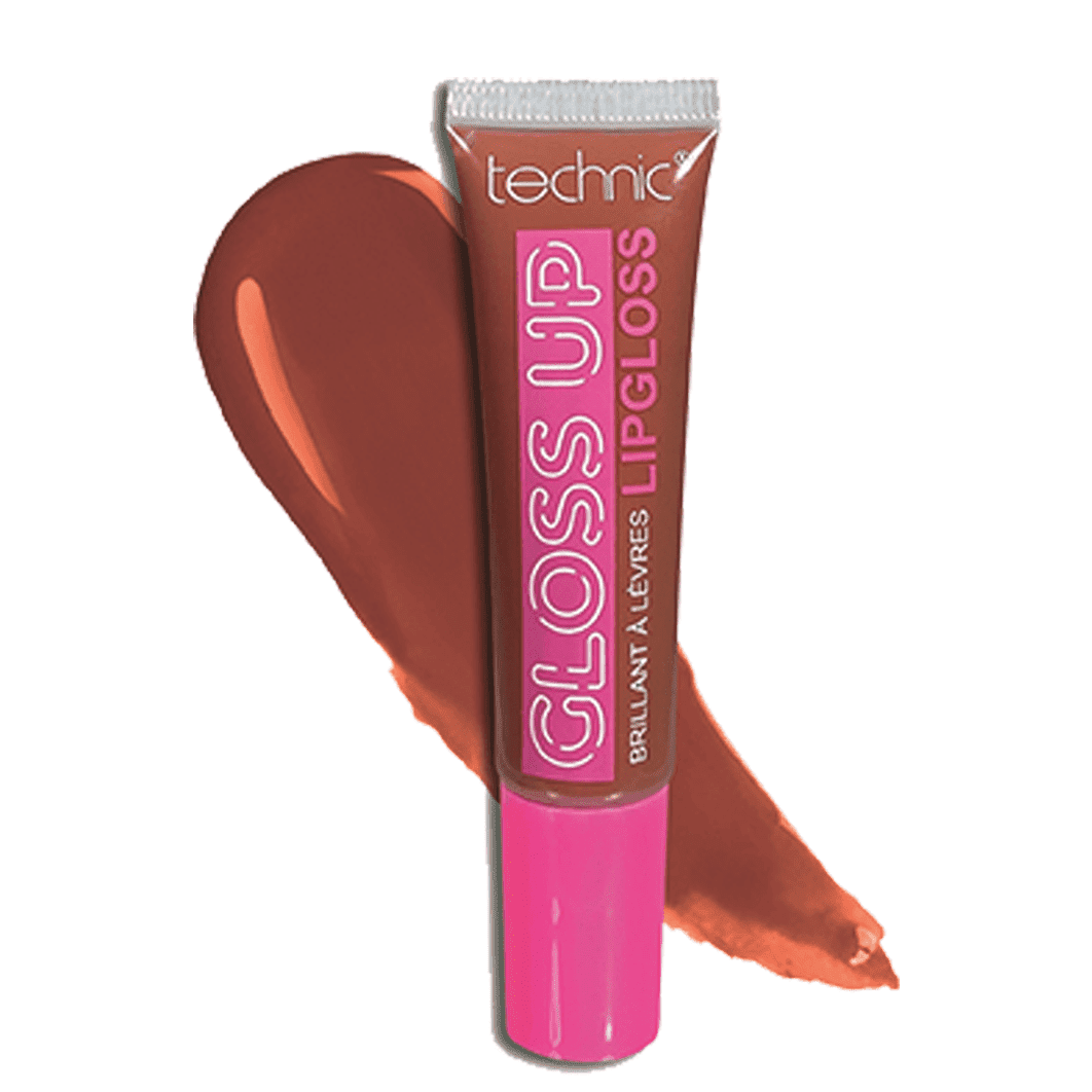 A gloss up lip gloss in the shade Macchiato on a white background with the shade swatch behind it.