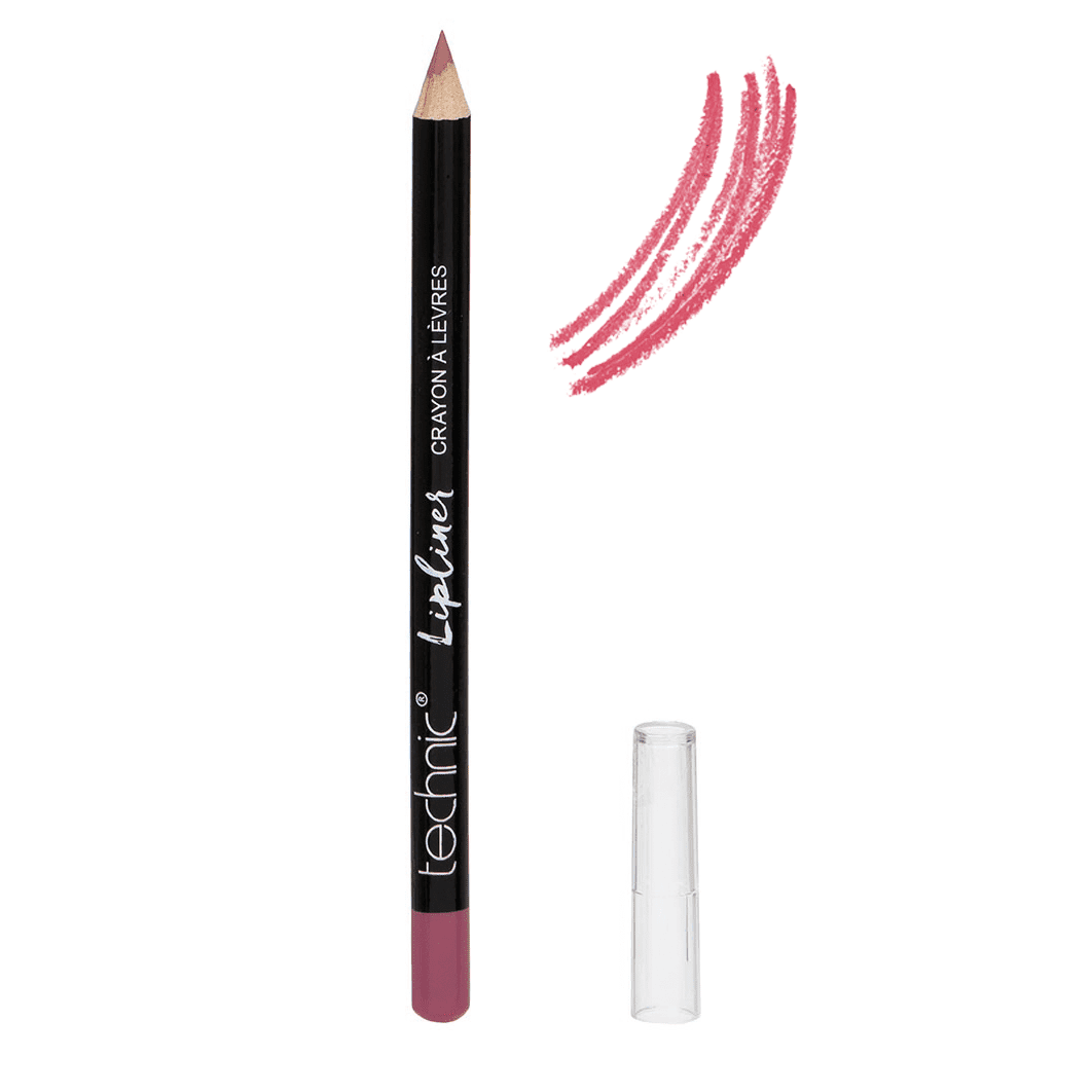 An opened wooden lip pencil in the shade Blossom on a white background with a swatch next to it.