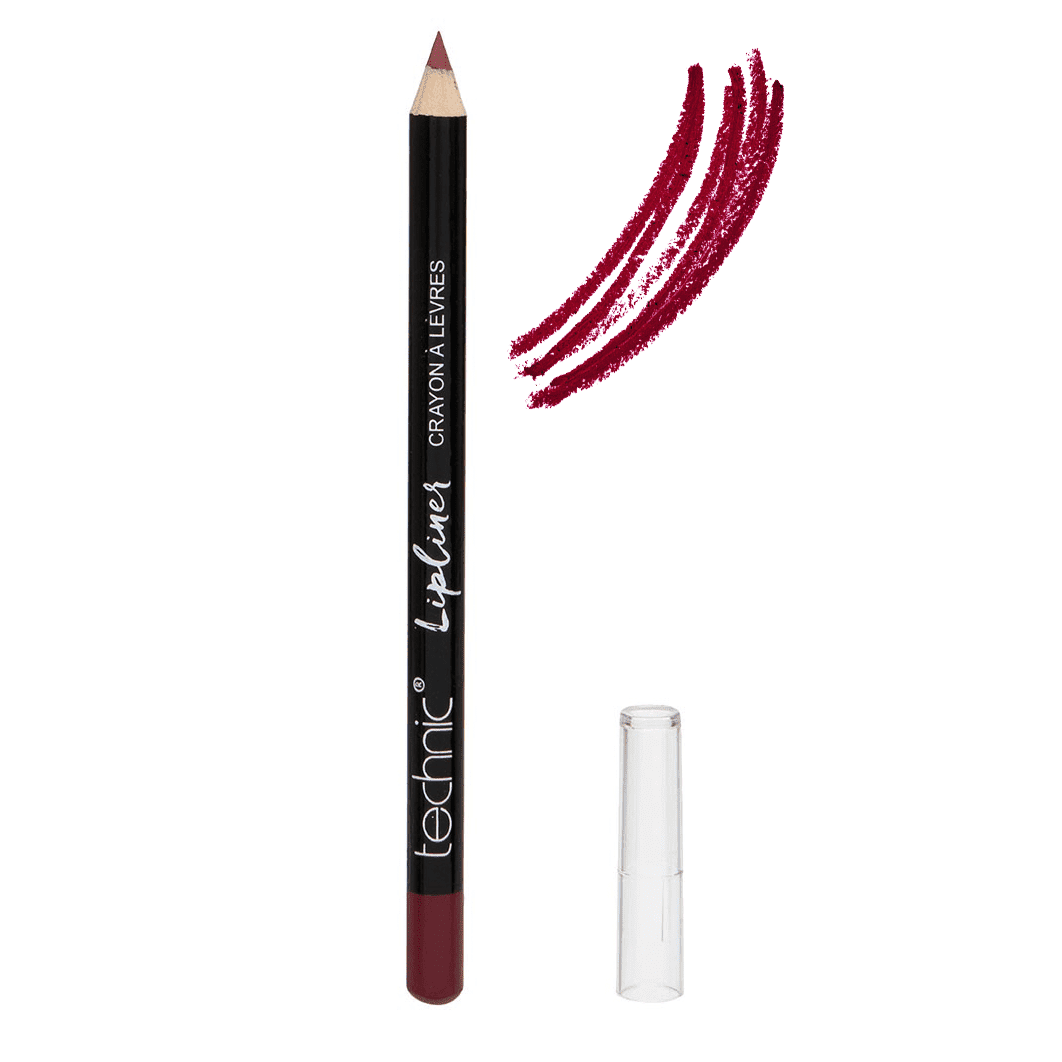 An opened wooden lip pencil in the shade Cherry Kiss on a white background with a swatch next to it.