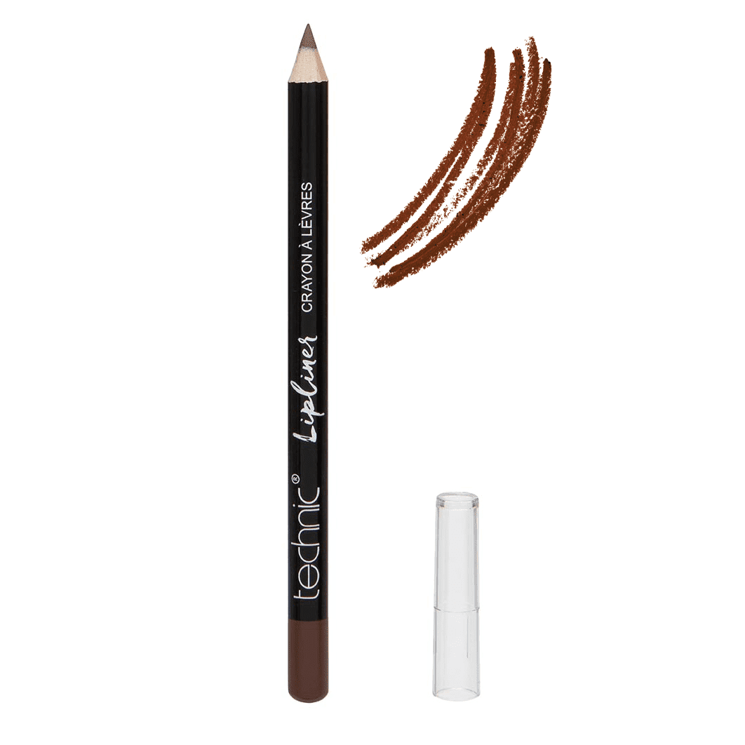 An opened wooden lip pencil in the shade Cocoa Brown on a white background with a swatch next to it.