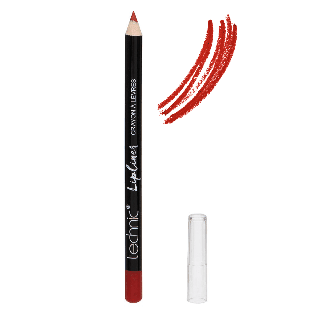 An opened wooden lip pencil in the shade Firefly on a white background with a swatch next to it.