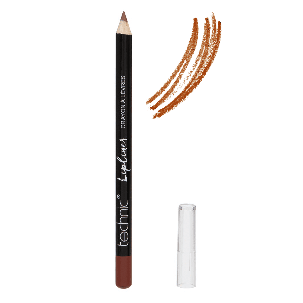 An opened wooden lip pencil in the shade Ginger Snap on a white background with a swatch next to it.