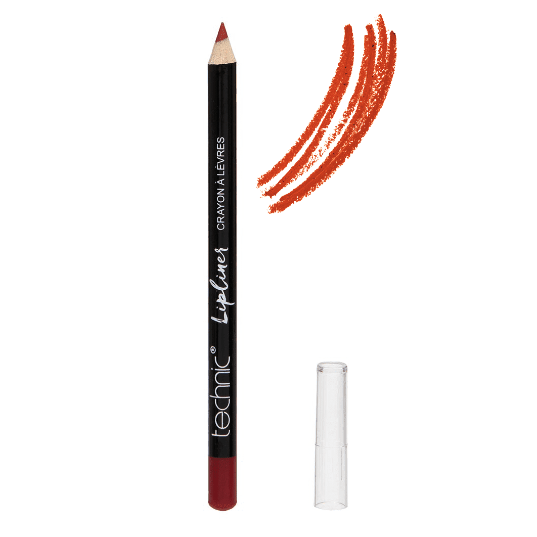 An opened wooden lip pencil in the shade Ladybug on a white background with a swatch next to it.