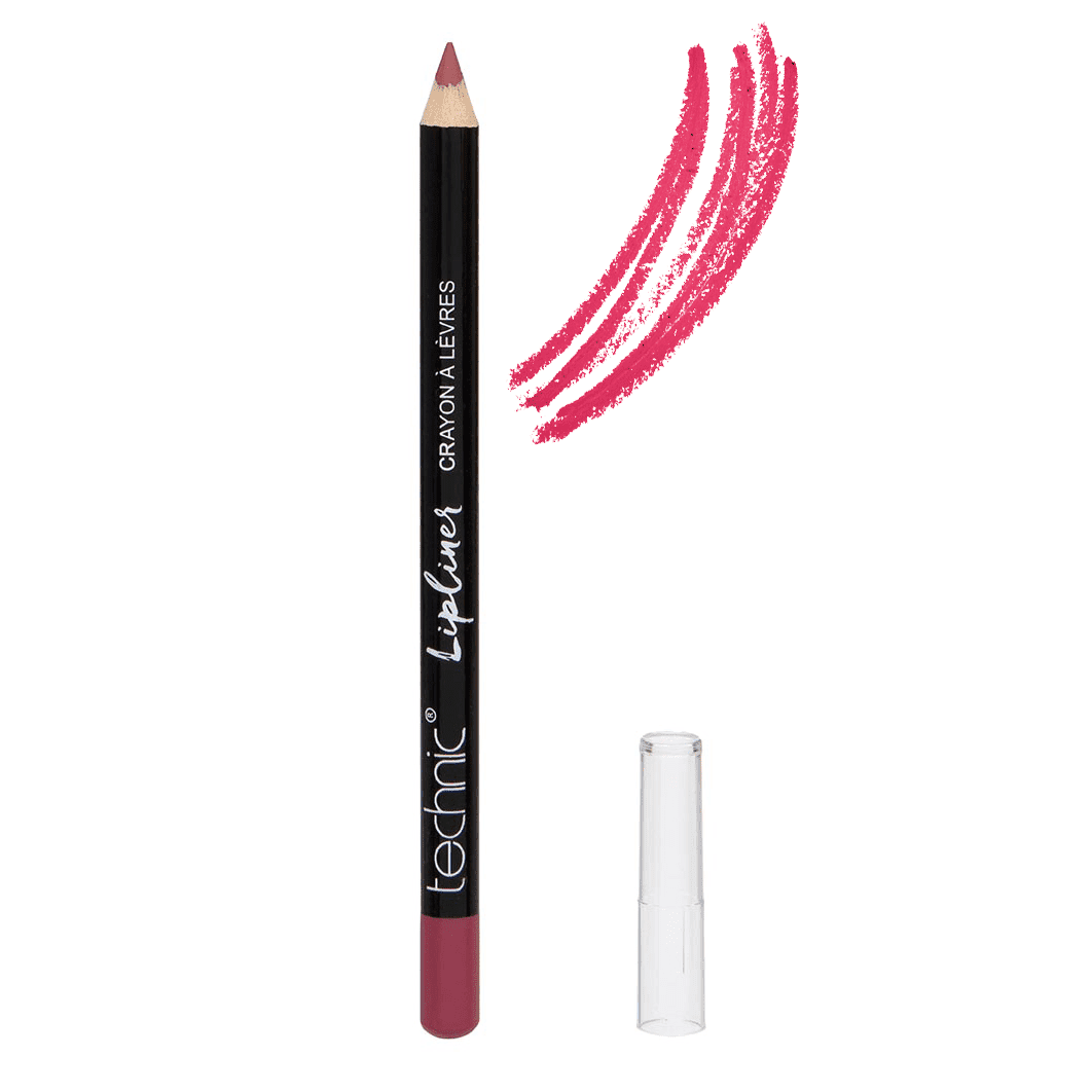 An opened wooden lip pencil in the shade Pink Fizz on a white background with a swatch next to it.