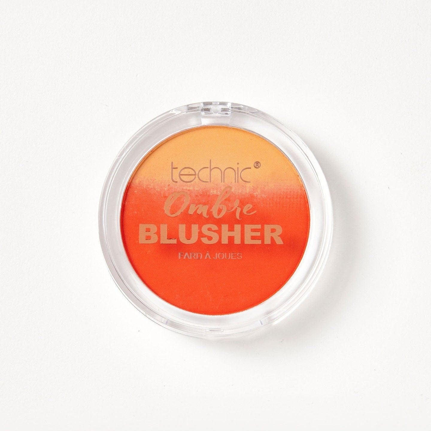 An ombre blusher in the shade Good Vibes on a white background. The blusher has an ombre of yellow and orange.