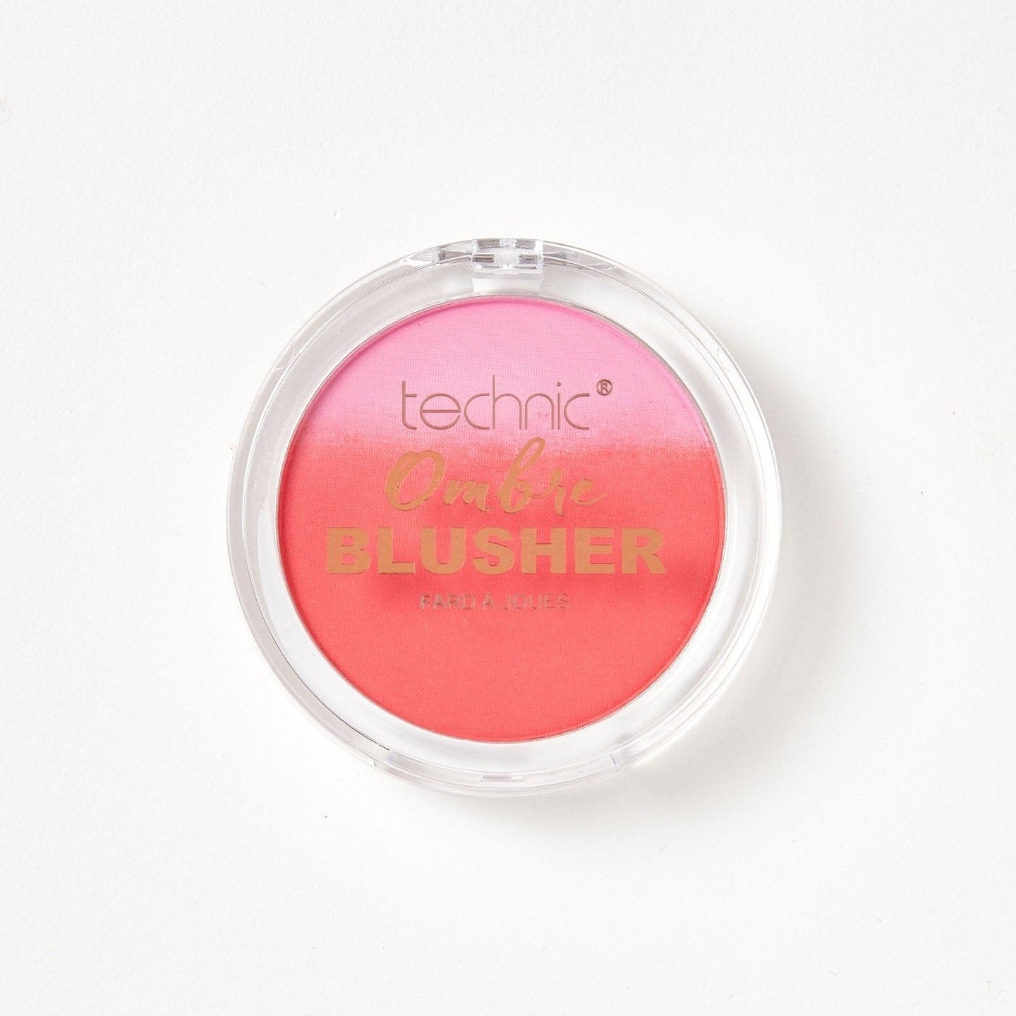 An ombre blusher in the shade Happy Place on a white background. The blusher has an ombre of light and dark pink.