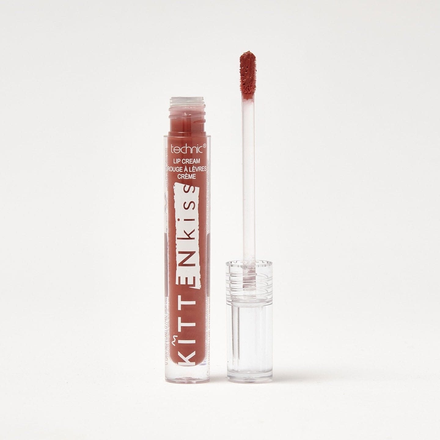 An opened kitten kiss lip cream in the shade Brown Bunny on a white background.