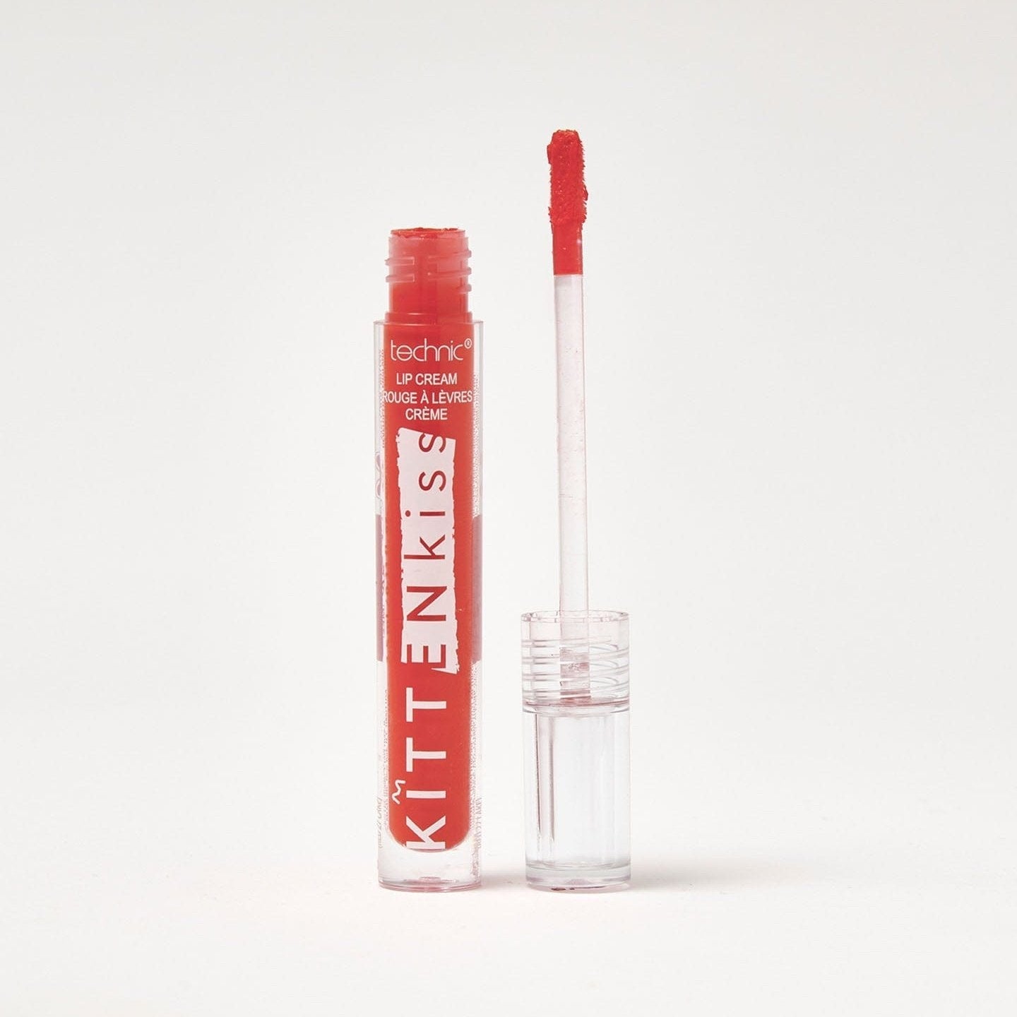 An opened kitten kiss lip cream in the shade High Voltage on a white background.