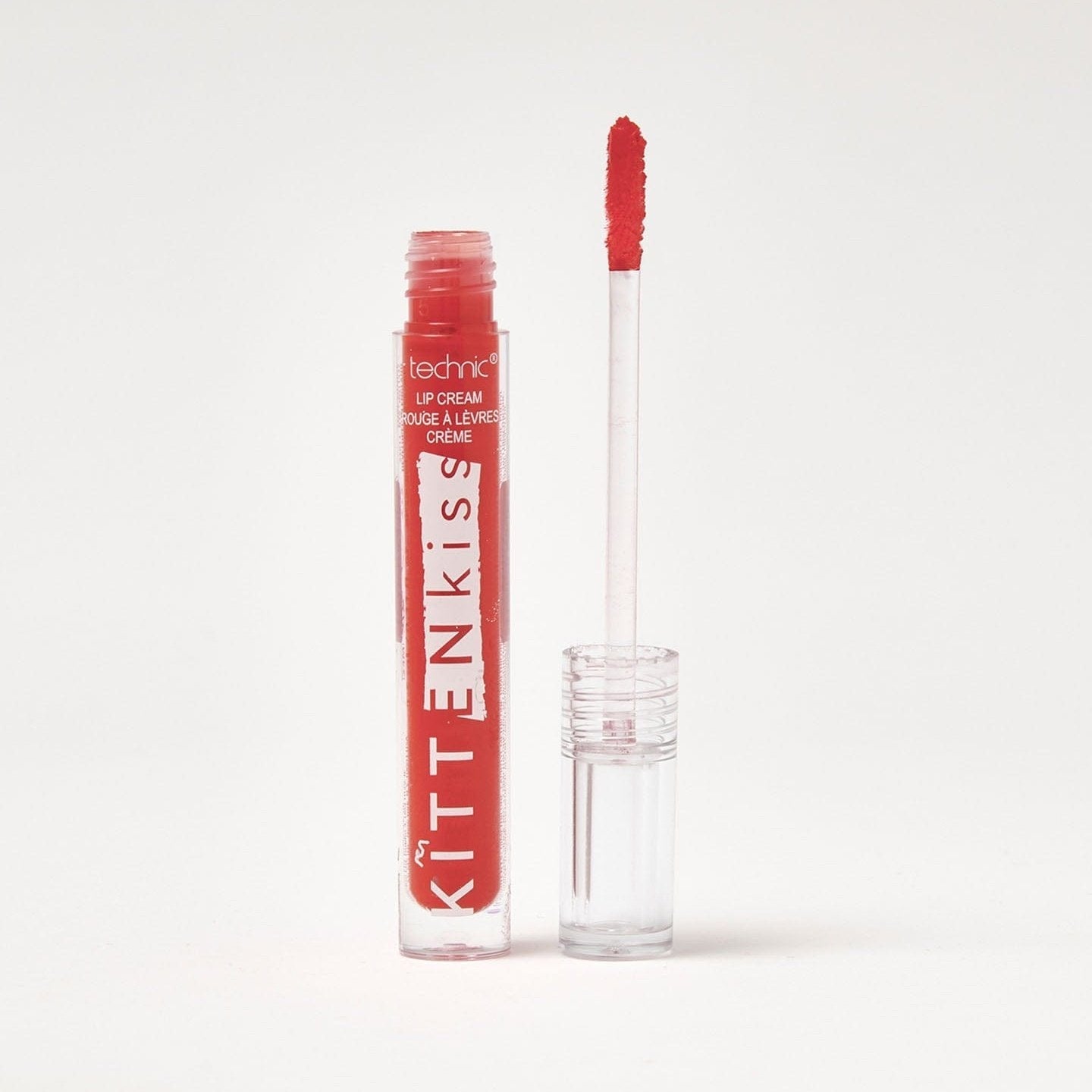 An opened kitten kiss lip cream in the shade Love Junkie on a white background.