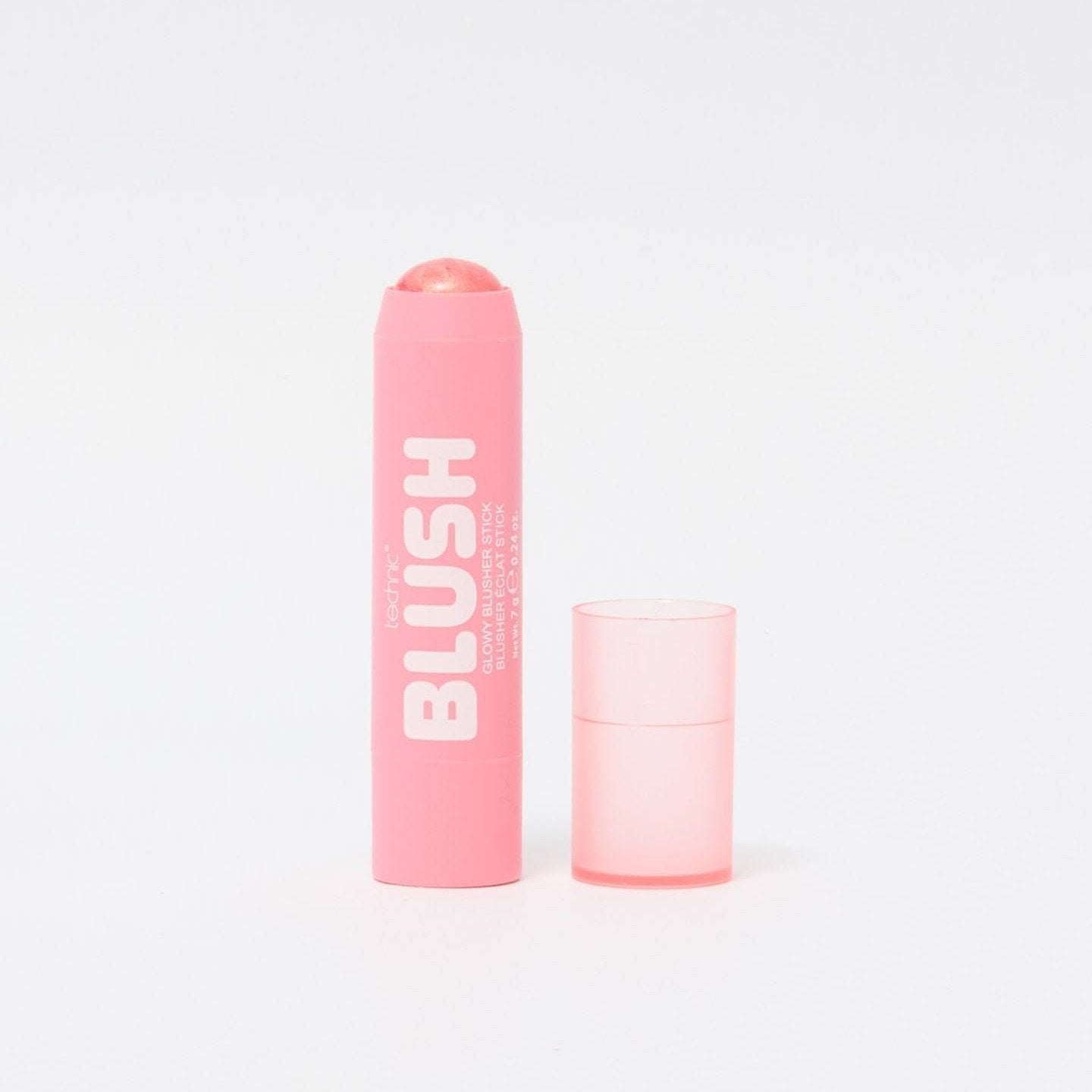 An opened glowy blusher stick in the shade Pink Diamond on a white background.