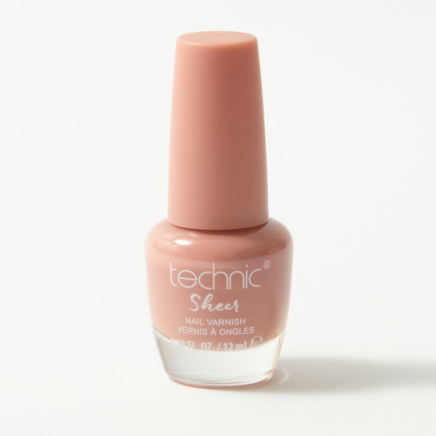 A bottle of sheer nail varnish in the shade dark beige on a white background.