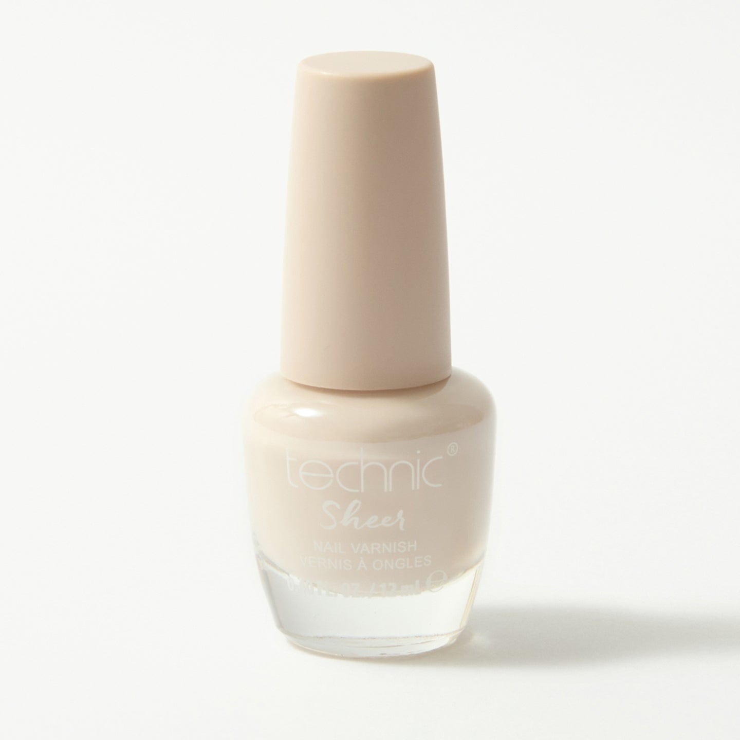 A bottle of sheer nail varnish in the shade beige on a white background.