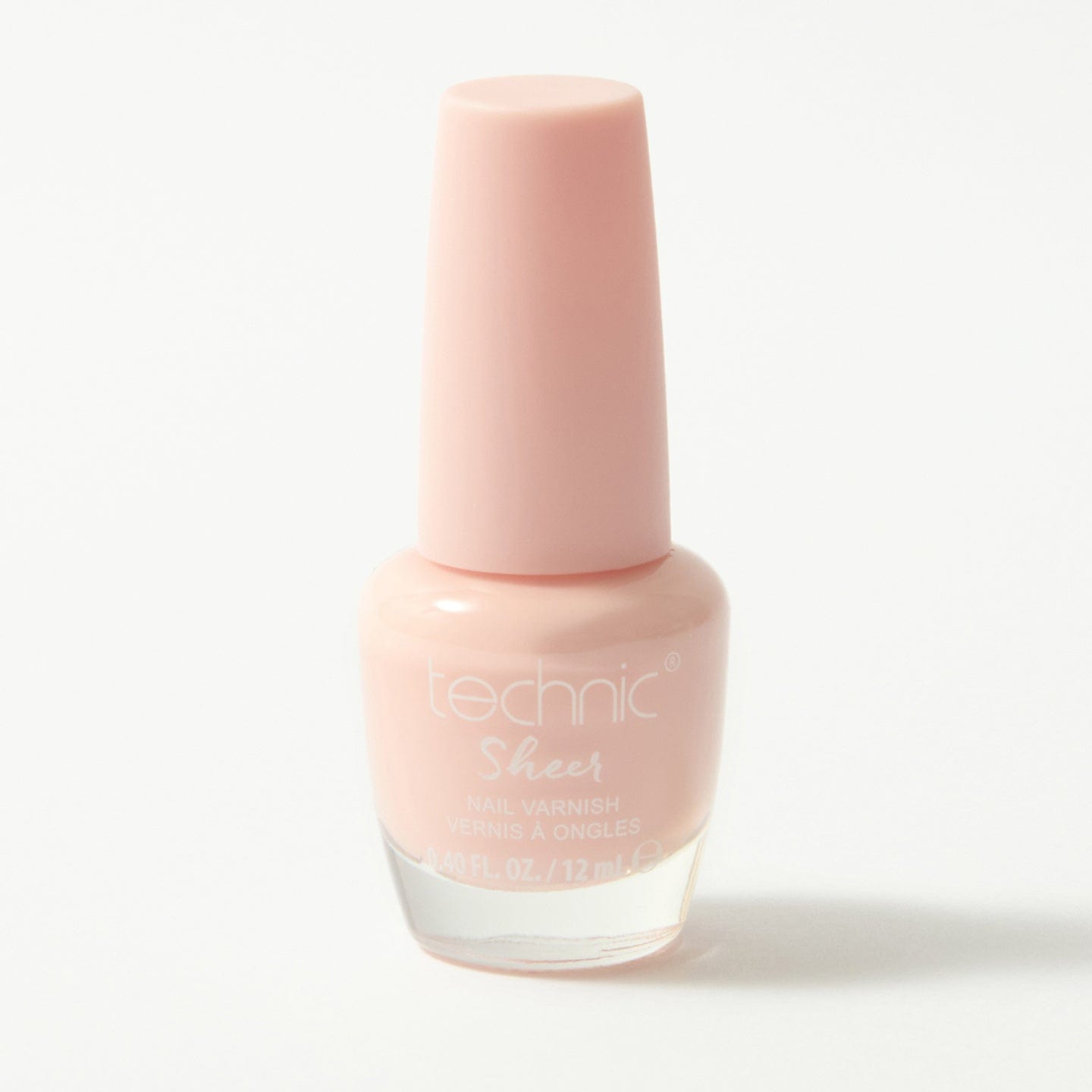 A bottle of sheer nail varnish in the shade nude on a white background.