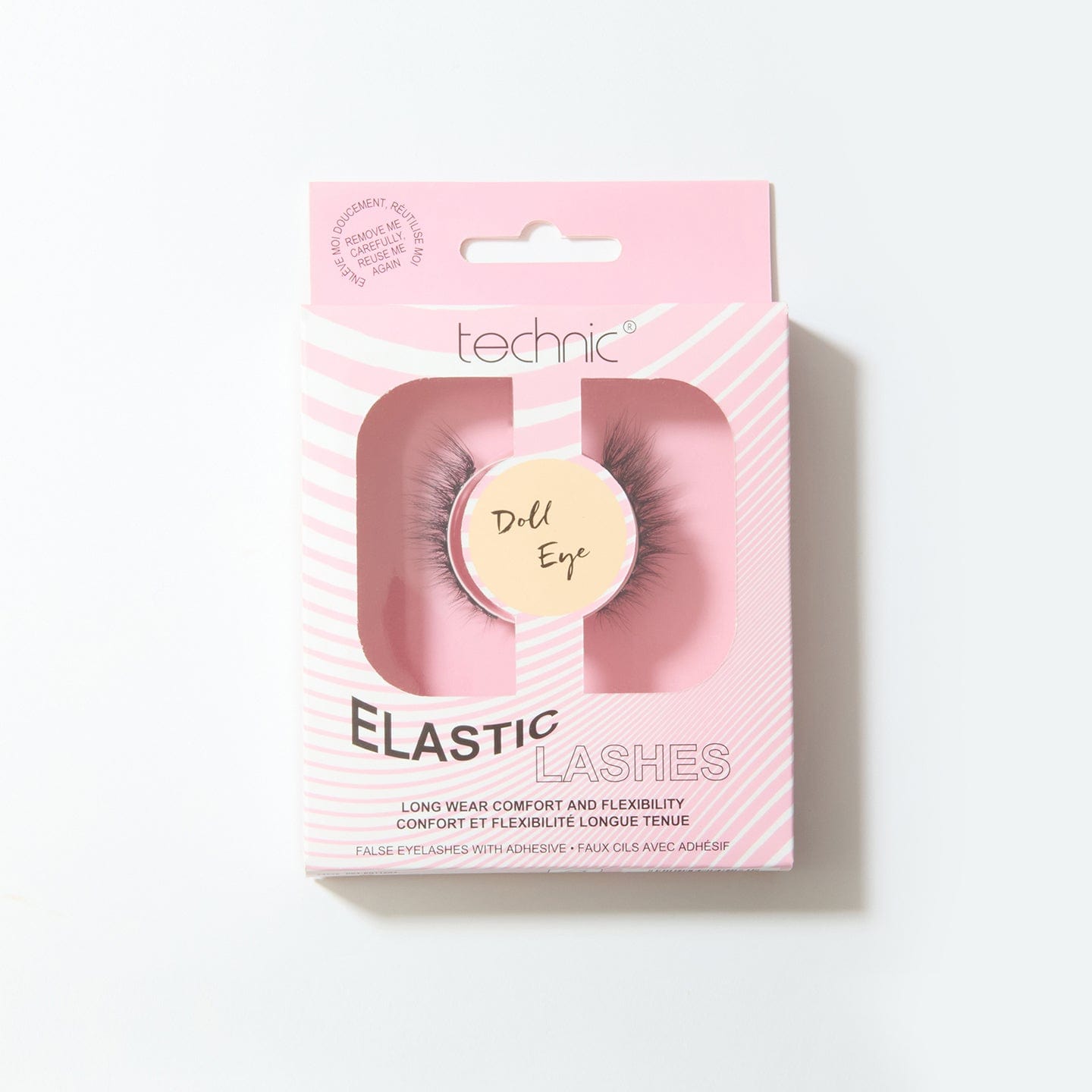 Doll Eye elastic lashes in a pink box on a white background.