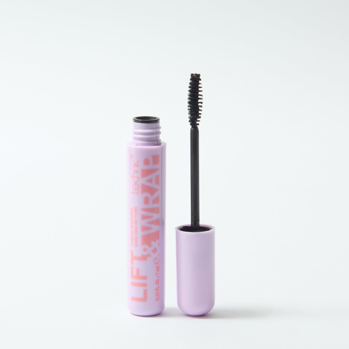 An opened mascara in the shade black which is in a purple tube on a white background.