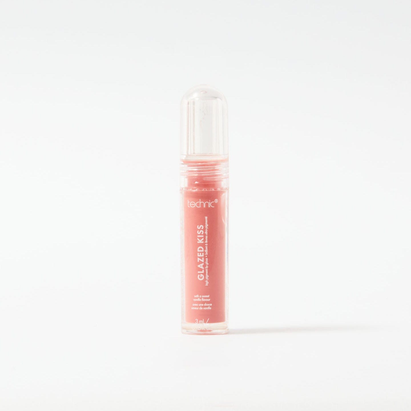 A glazed kiss lip gloss in the shade Pink Light on a white background.