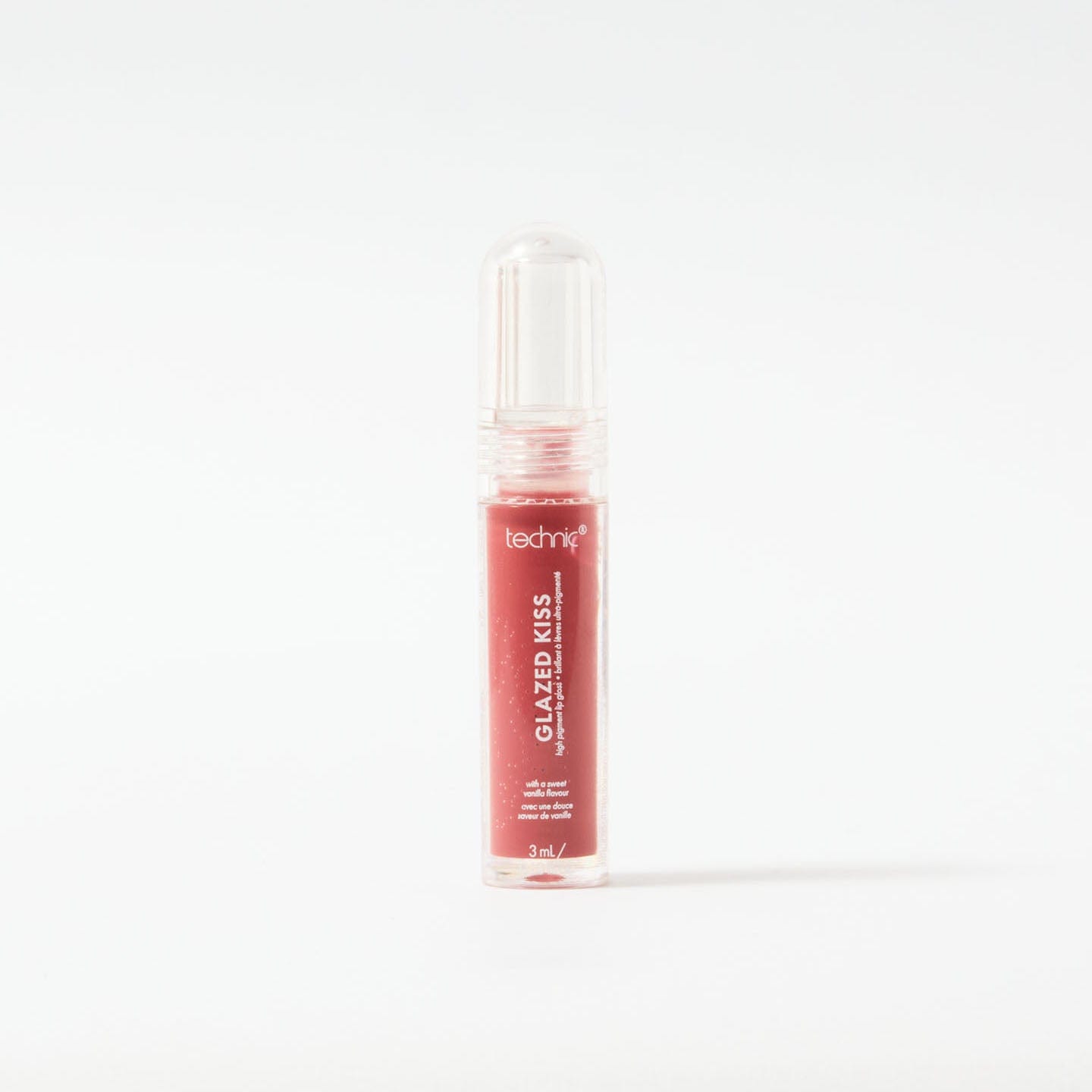 A glazed kiss lip gloss in the shade Strawberry Crush on a white background.