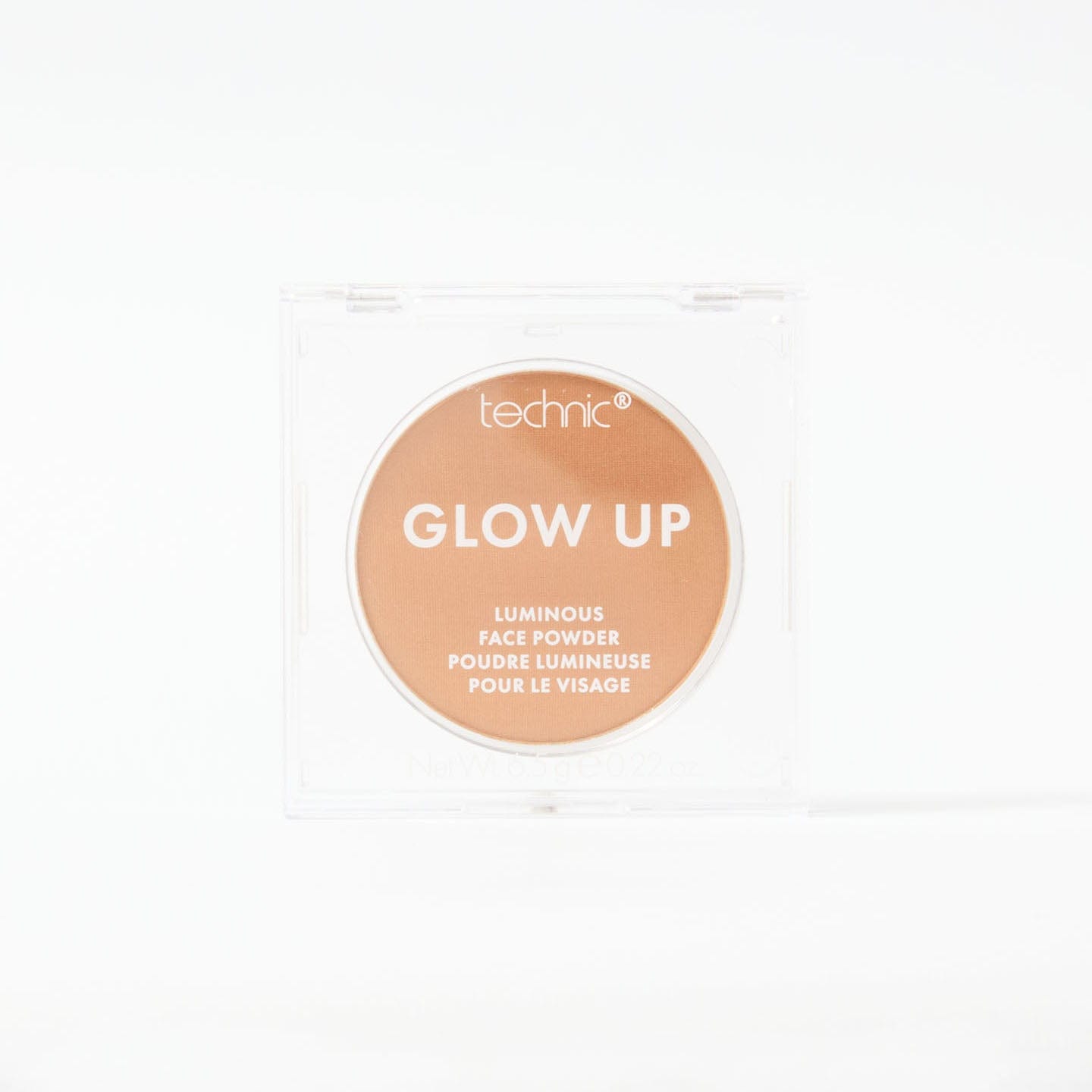 A glow up luminous powder in the shade Tan on a white background.