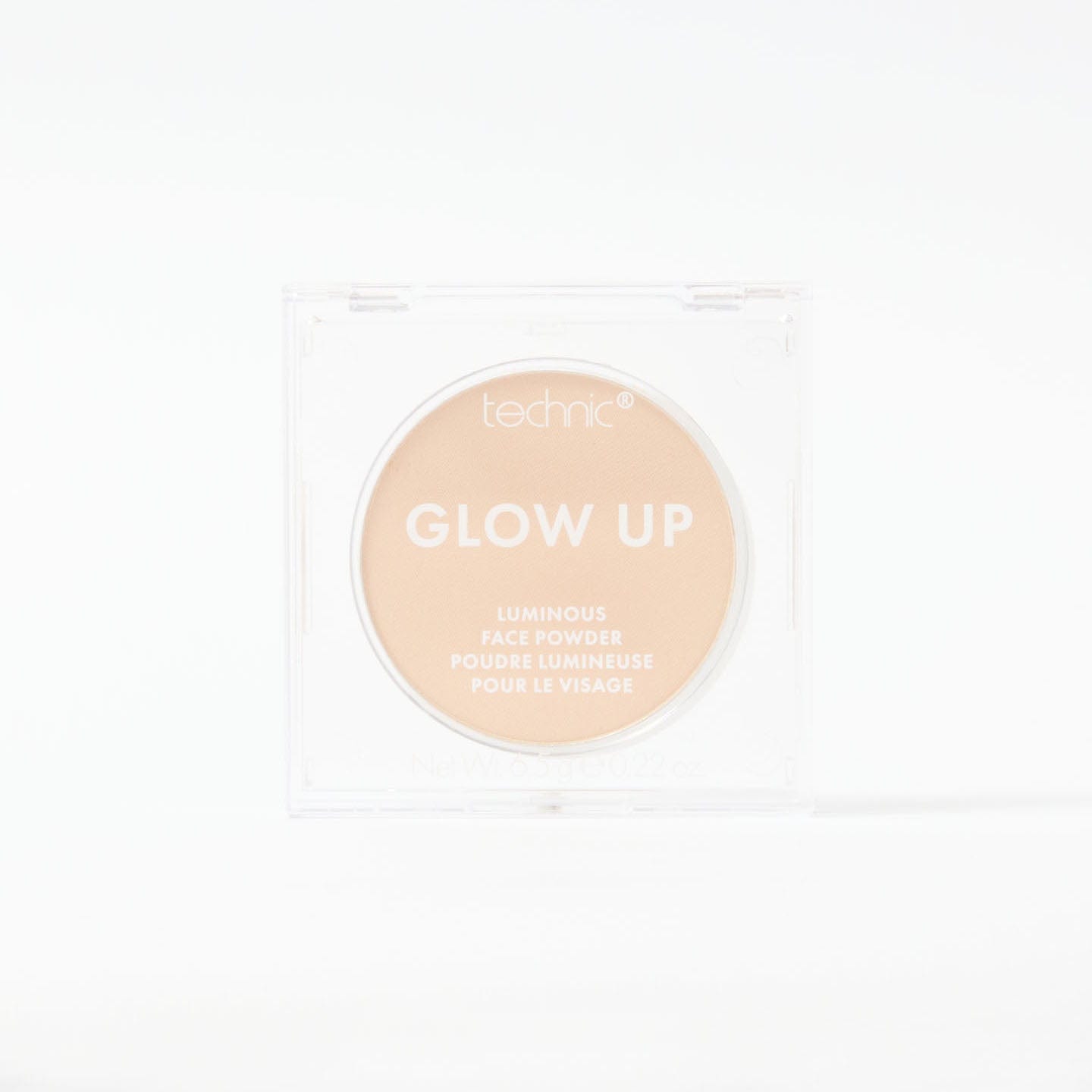 A glow up luminous face powder in the shade Light on a white background.