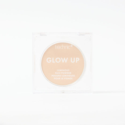 A glow up luminous face powder in the shade Light on a white background.