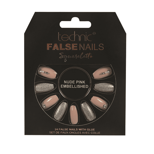 Technic False Nails - Squareletto Nude Pink Embellished