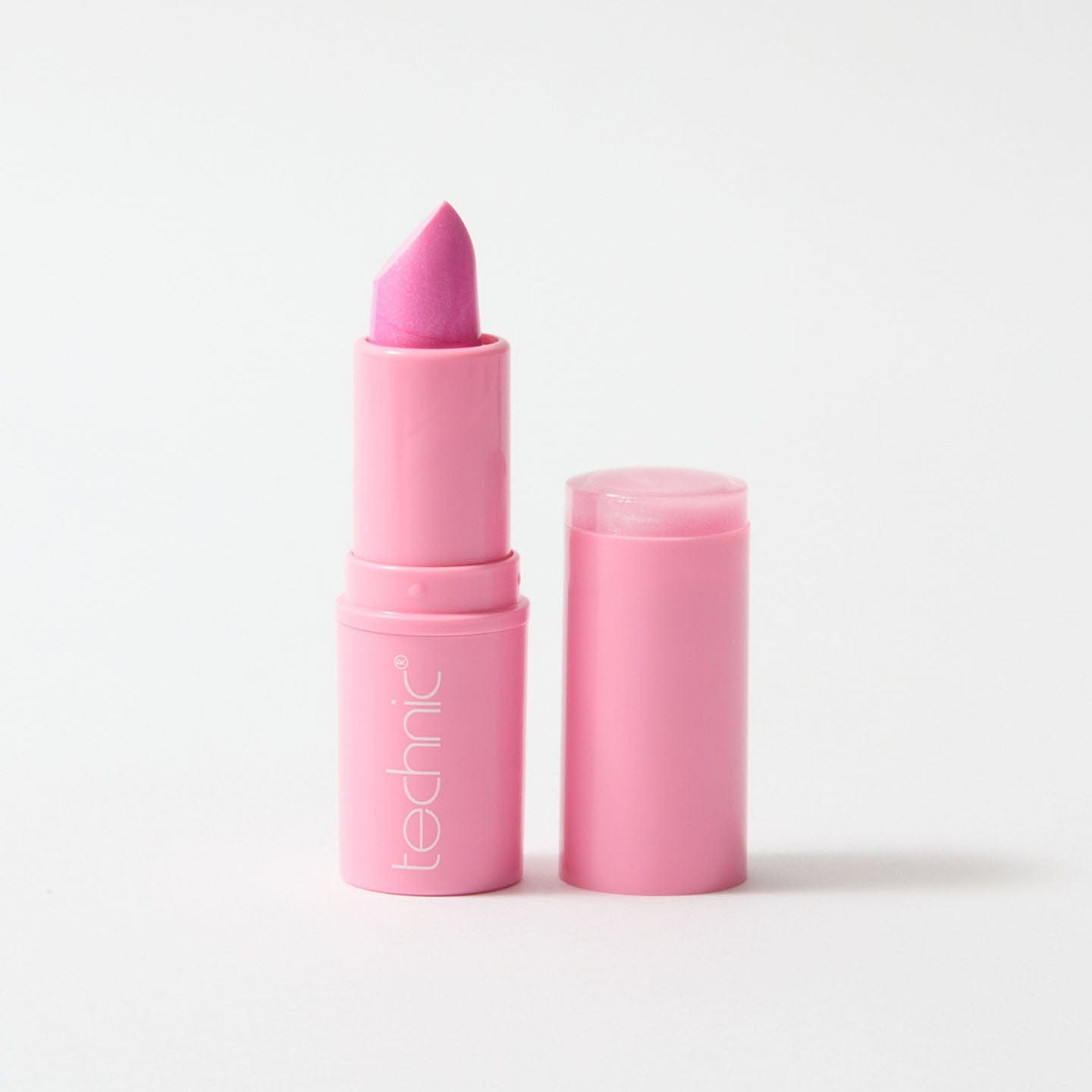 An open lipstick in the shade Pink Lady on a white background.