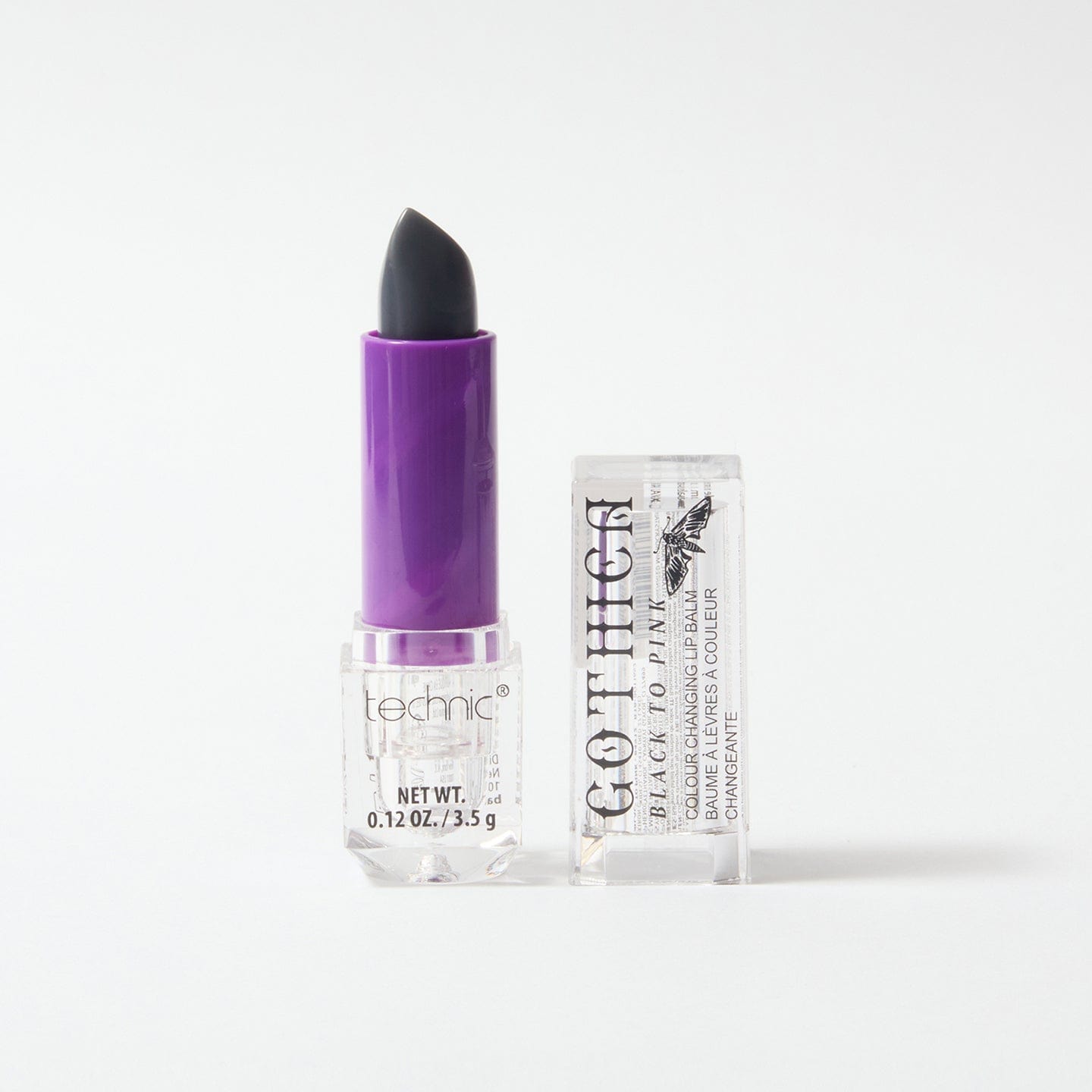 Opened colour changing lip balm in purple on a white background.