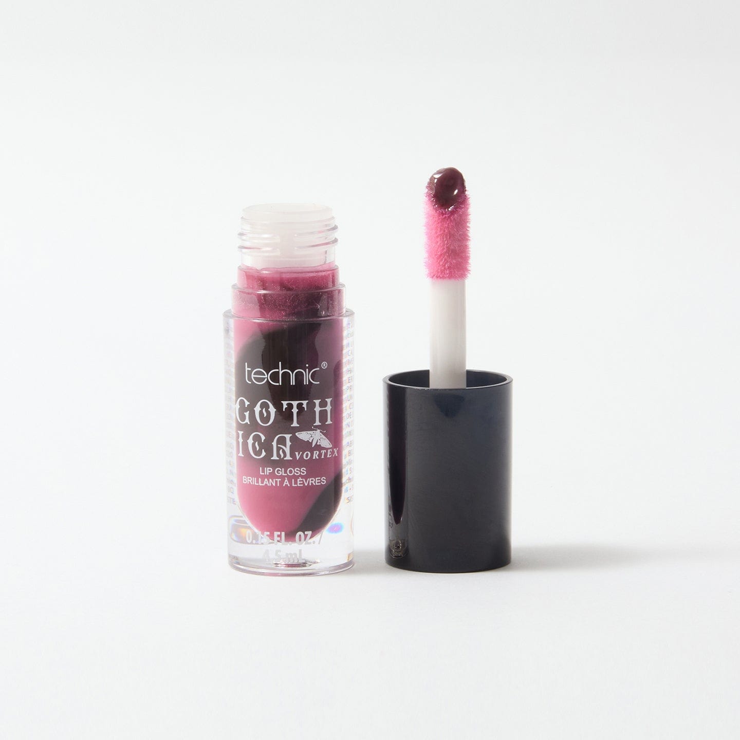 Gothica opened lip gloss with swirl pattern in colours of purple and black, on a white background.