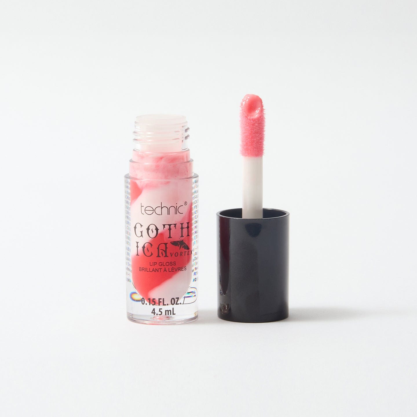 Gothic opened lip gloss with swirl pattern in colours of red and white, on a white background. 