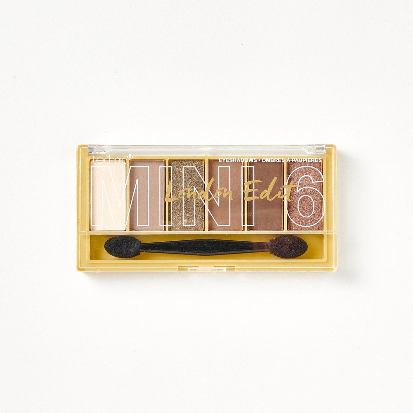 A mini 6 London Edit palette on a white background. It contains brown mattes and shimmer shades.